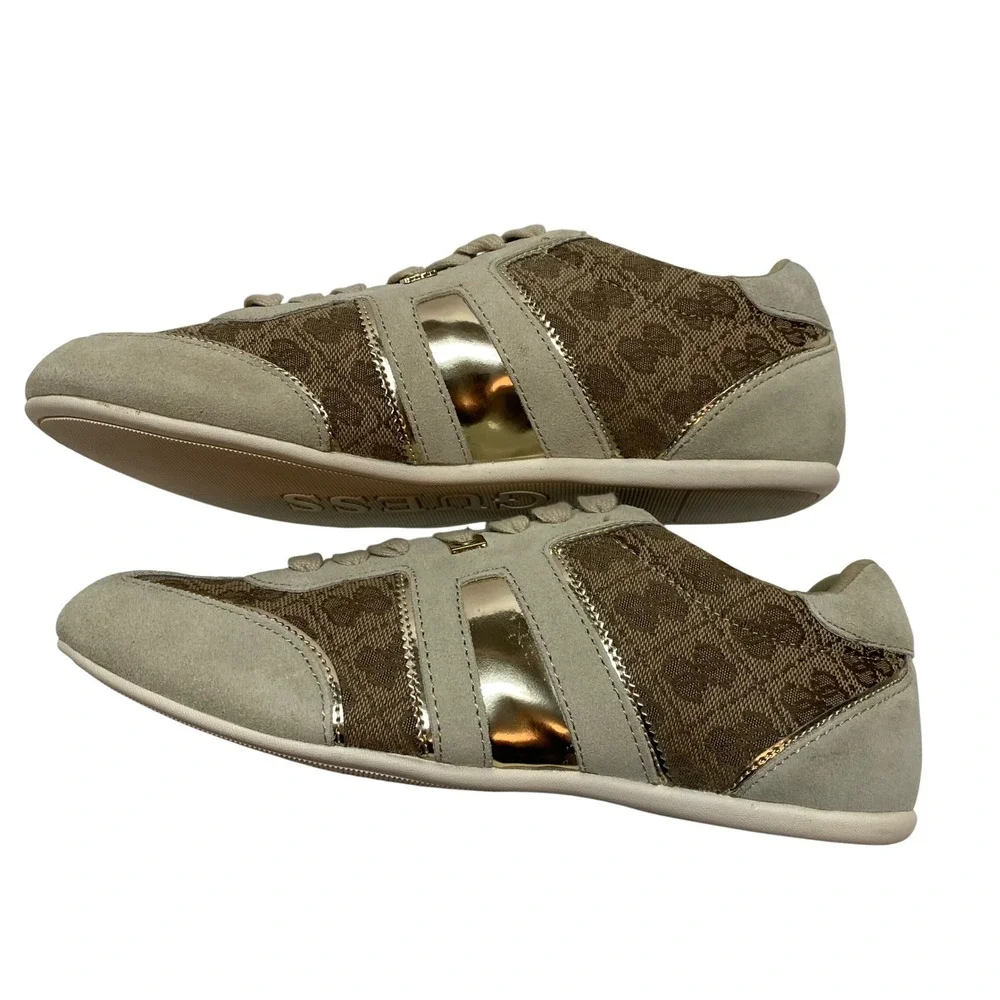 GUESS Womens‎ Monogram Suede Sneakers Tan Gold Lace Up Low Top Shoes 10 NIB